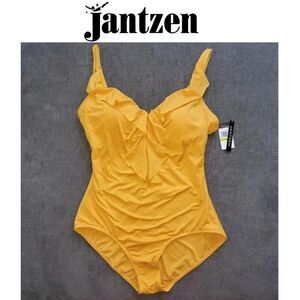 🆕️Jantzen Women's One-piece ruffle cascade front yellow marigold Sz 14 S…